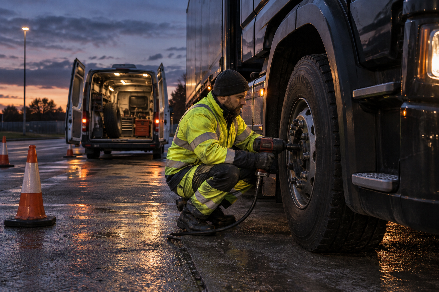 Commercial tyre technician changing a truck wheel in a protected lay-by at dusk, with a service van behind